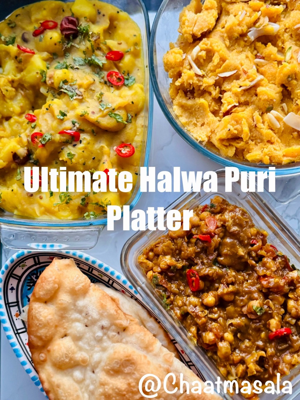 Eid Special: Halwa Puri Breakfast Platter with Suji Halwa, Chickpea Curry & Aloo&nbsp;Bhaaji