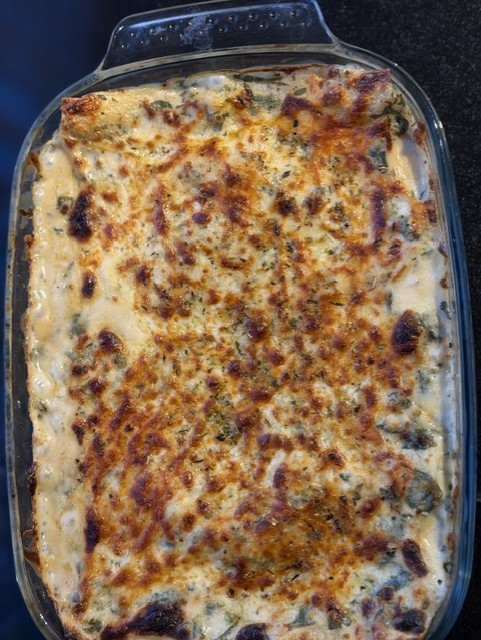 Close-up of creamy Chicken Alfredo Lasagna with a golden cheese crust